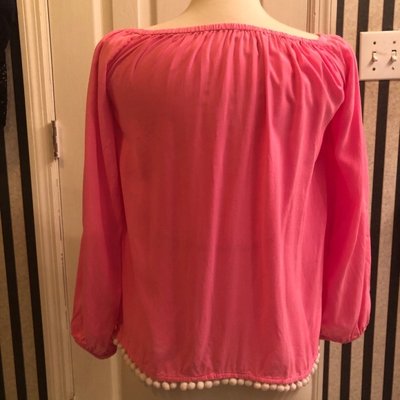Lilly Pulitzer/XS/ Enna Off-Shoulder Top, Pink & white pom pom trim, 3/4 sleeves - Picture 2 of 6